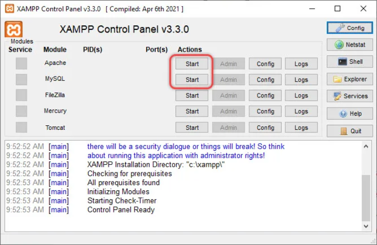 کنترل پنل xampp و فعال کردن ماژول های mySQL و Apache - چلیت آکادمی